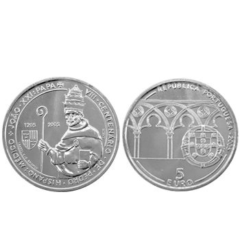 Moeda 5€ viII Cent do Nascimento de Pedro Hispano 2005 Prata