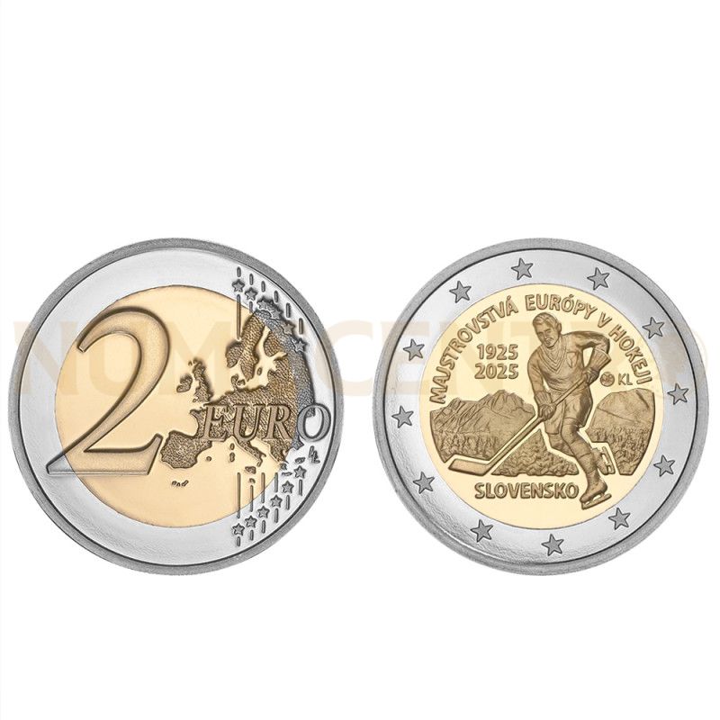 Moeda 2 Euro 100 Anos do 1º Campeonato Europeu de Hóquei no Gelo Eslováquia 2025