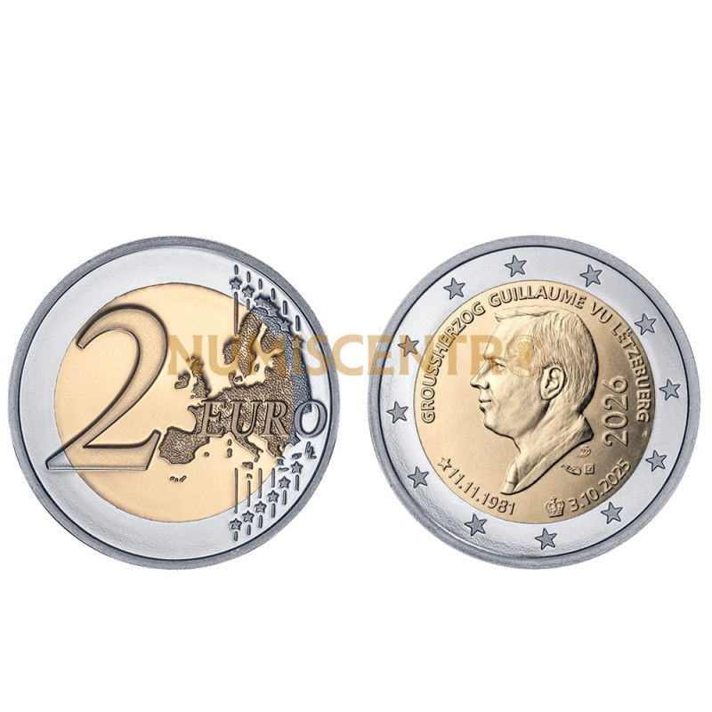 Moeda 2 Euro Ascenção ao Trono Grão-Duque Guilherme e Comemoração de 45º Aniversário Luxemburgo 2026
