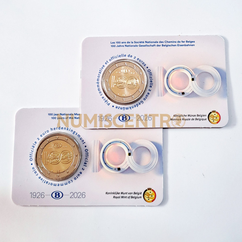 Moeda 2 Euro Centenário das Ferrovias Estatais Bélgica 2026 Coincard