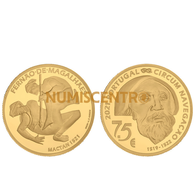 Moeda 7,5€ V Centenário da viagem Circum-Navegação Fernando de Magalhães Mactan 1521 Portugal 2021 Ouro Proof