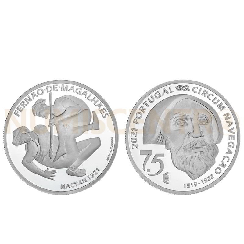 Moeda 7,5€ V Centenário da viagem Circum-Navegação Fernando de Magalhães Mactan 1521 Portugal 2021 Prata Proof