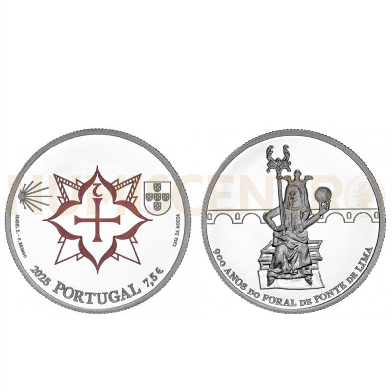 Moeda 7,5 Euros 900 Anos Foral Ponte de Lima Portugal 2025 Prata Proof