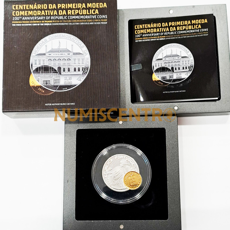 Moeda 2,5€ Comemorativa Centenário 1ª Moeda Comemorativa da República Ouro-Prata Excêntrica Portugal 2014