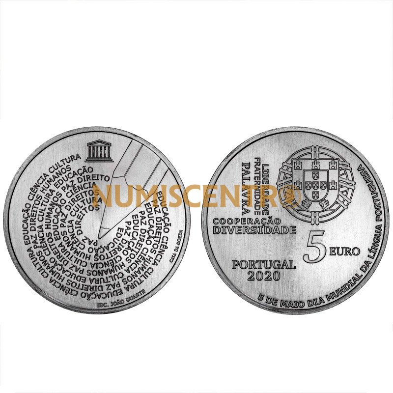 Moeda 5€ Comemorativa Dia Mundial Língua Portuguesa Cuproníquel Portugal 2020