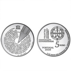 Moeda 5€ Comemorativa Dia Mundial Língua Portuguesa Prata Proof Portugal 2020