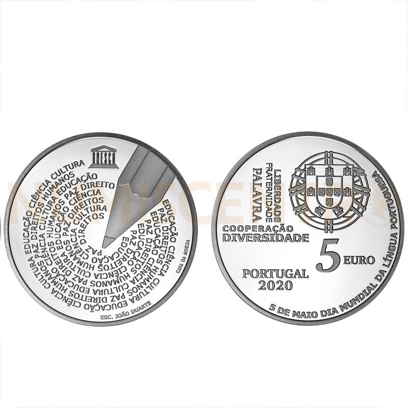 Moeda 5€ Comemorativa Dia Mundial Língua Portuguesa Prata Proof Portugal 2020