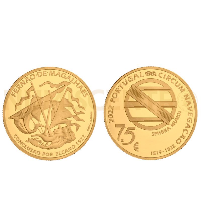 Moeda 7,5€ Fernão de Magalhães Circum Navegação Conclusão por Elcano 1522 Portugal 2022 Ouro Proof
