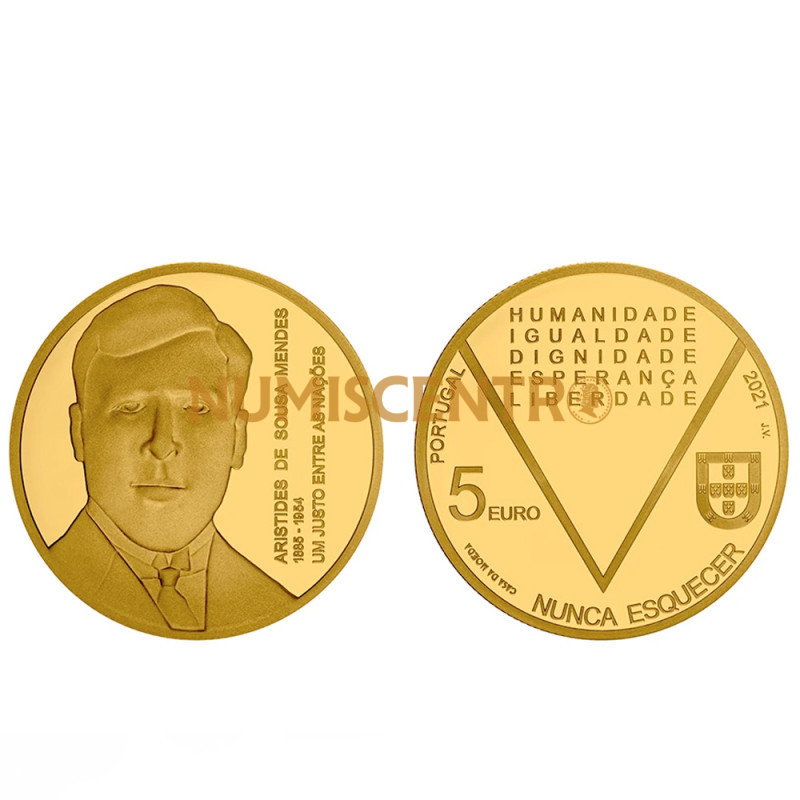 Moeda 5€ Aristides de Sousa Mendes Portugal 2021 Ouro Proof