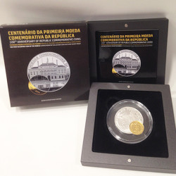 Moeda Centenário da Primeira Moeda Comemorativa da República Portugal Ouro e Prata Proof 2014